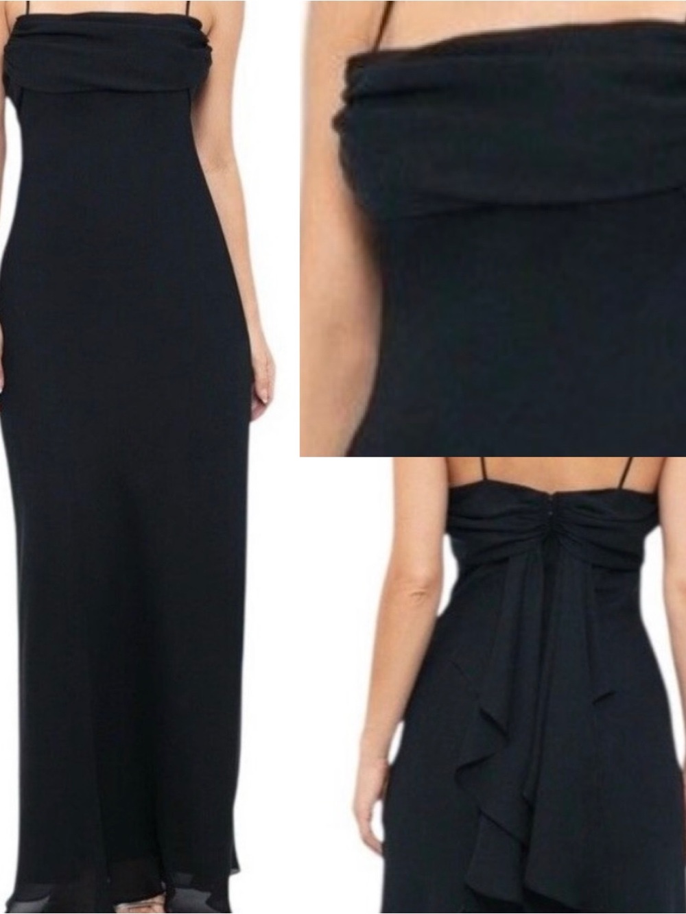Betsy & Adam Black Strapless Maxi Gown with Back Sash Detail